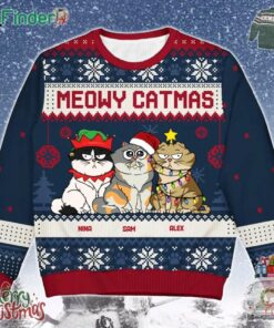 Meowy Catmas Funny Cartoon Cats Ugly Christmas Sweater Custom Name