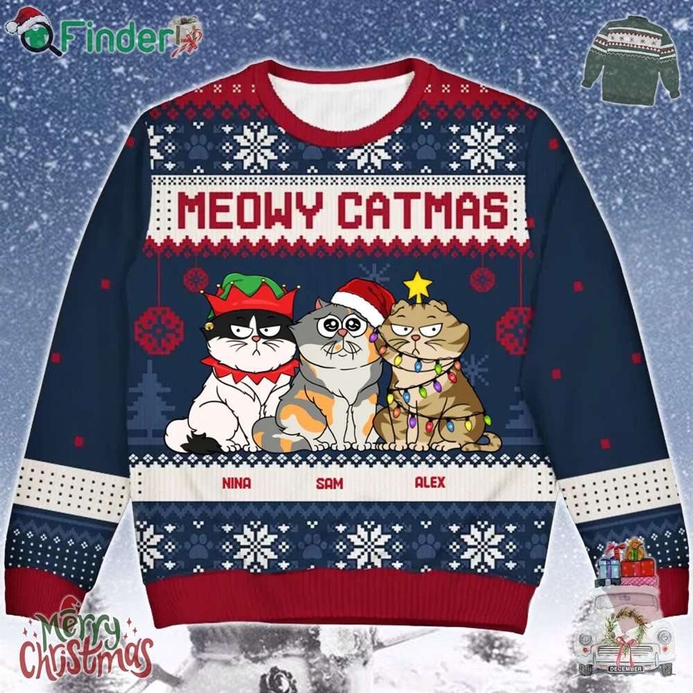 Meowy Catmas Funny Cartoon Cats Ugly Christmas Sweater Custom Name Meowy Catmas Funny Cartoon Cats Ugly Christmas Sweater Custom Name