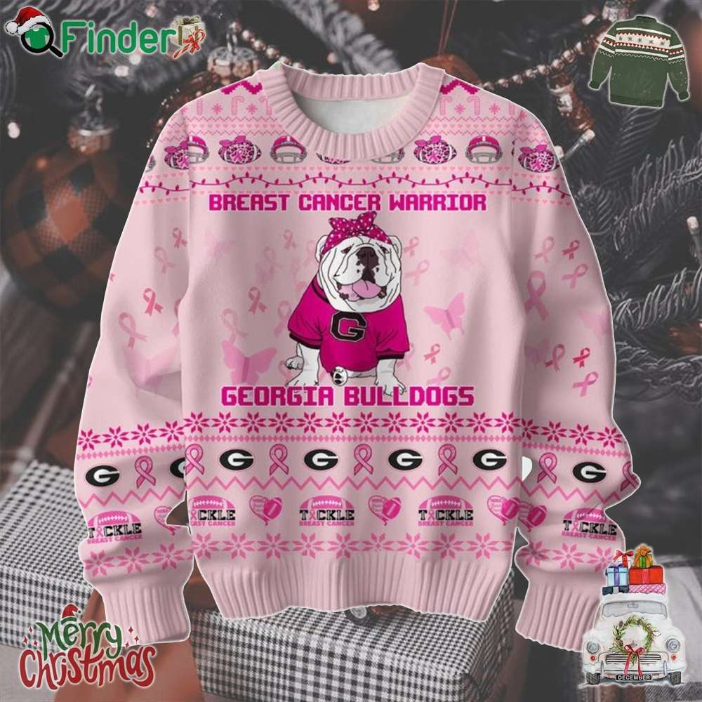 Georgia Bulldogs Breast Cancer Warrior Tackle Cancer Christmas Ugly Sweater Light Pink Georgia Bulldogs Breast Cancer Warrior Tackle Cancer Christmas Ugly Sweater Light Pink