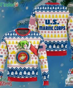 Grinch X Us Marines Ugly Christmas Sweater Custom Name V2