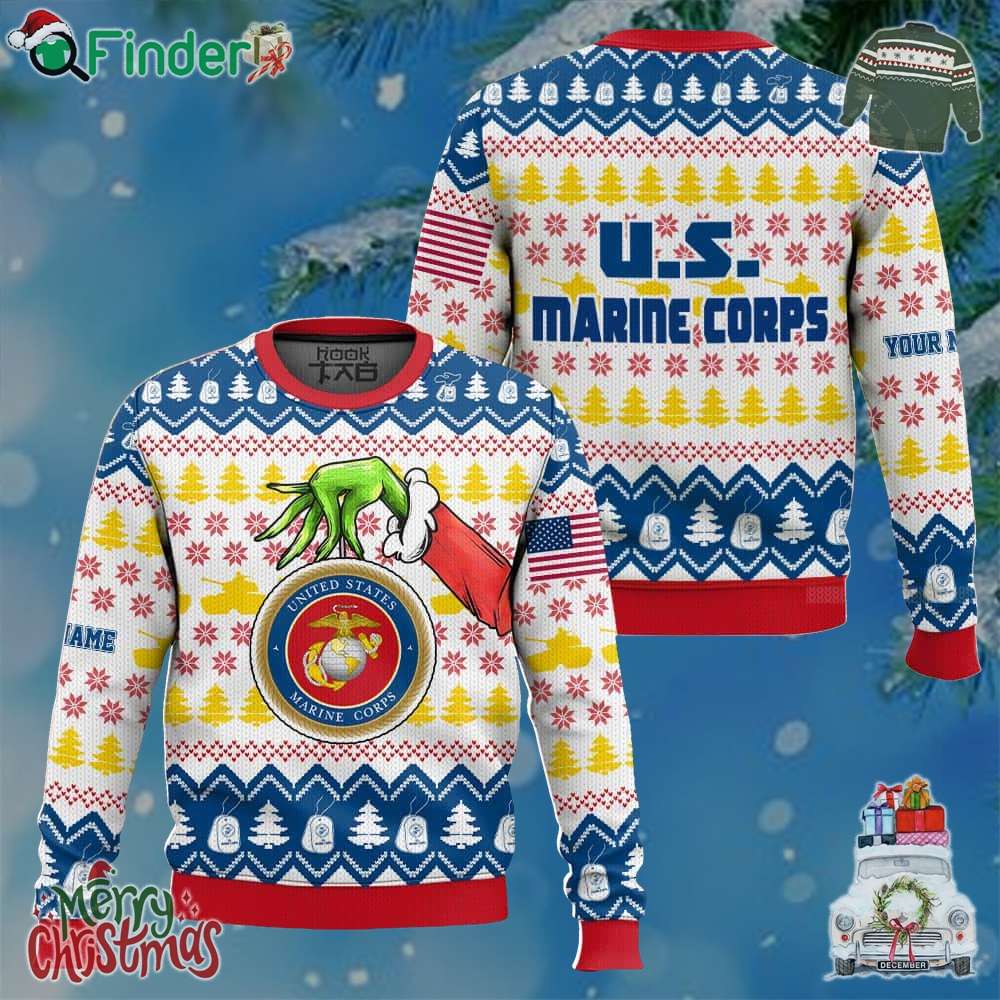 Grinch X Us Marines Ugly Christmas Sweater Custom Name V2 Grinch X Us Marines Ugly Christmas Sweater Custom Name V2