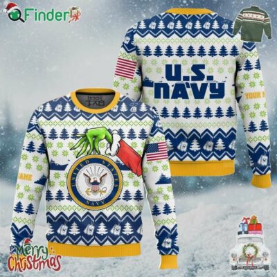 Grinch X Us Navy Ugly Christmas Sweater Custom Name V2