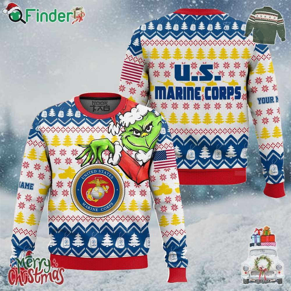 Custom Name Grinch X Us Marines Ugly Christmas Sweater V1 Custom Name Grinch X Us Marines Ugly Christmas Sweater V1