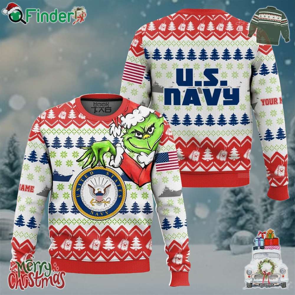 Custom Name Grinch X Us Navy Ugly Christmas Sweater V1 Custom Name Grinch X Us Navy Ugly Christmas Sweater V1