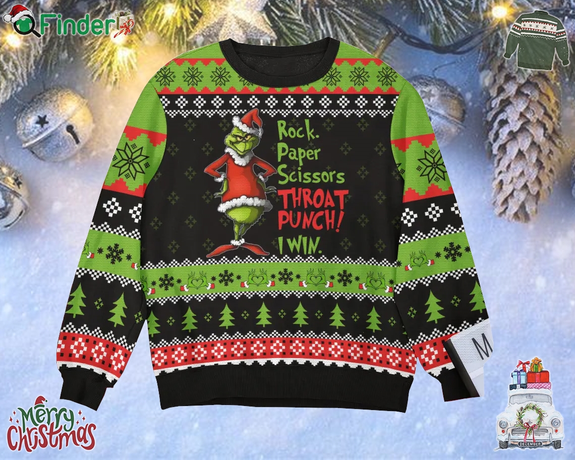 I Win Grinch Rock Paper Scissors Throat Punch I Win Christmas Ugly Sweater Gift For Xmas I Win Grinch Rock Paper Scissors Throat Punch I Win Christmas Ugly Sweater Gift For Xmas