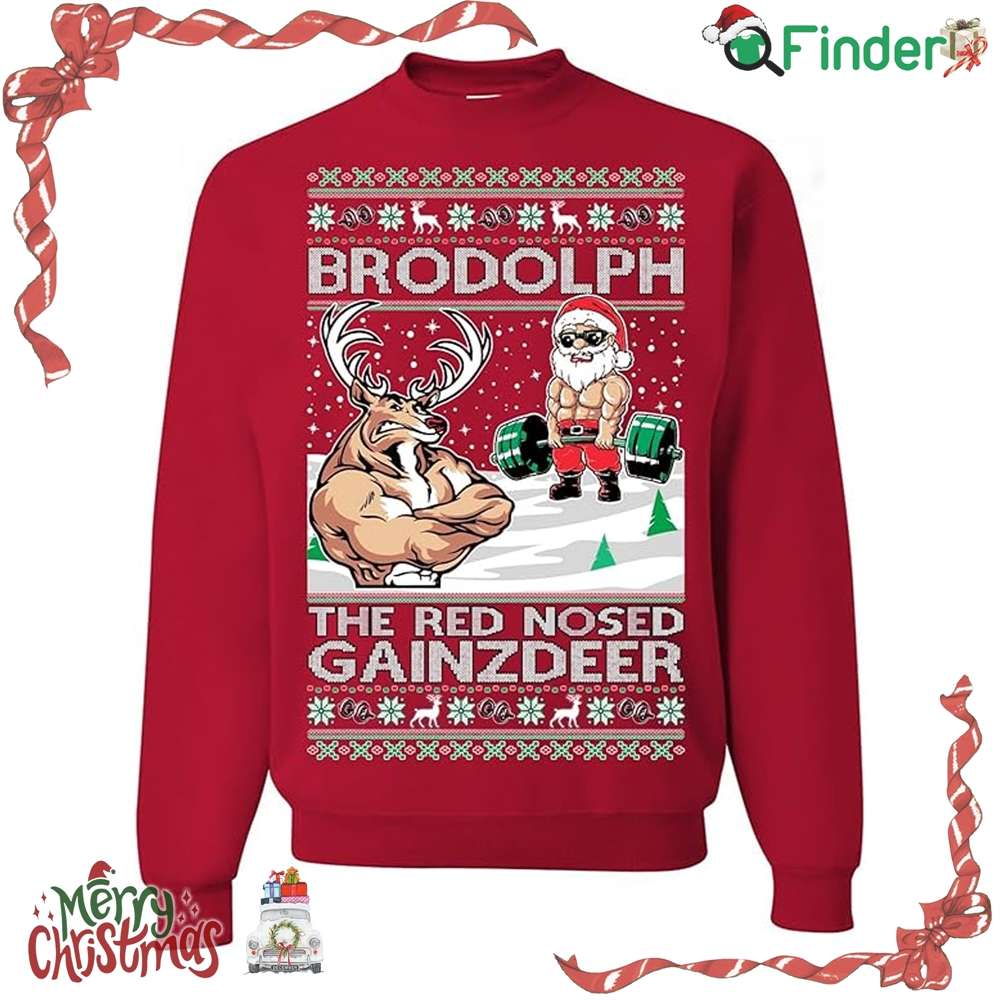 Brodolph Santa Working Out Gym The Red Nosed Gainzdeer Ugly Christmas Mens Long Sleeves Brodolph Santa Working Out Gym The Red Nosed Gainzdeer Ugly Christmas Mens Long Sleeves