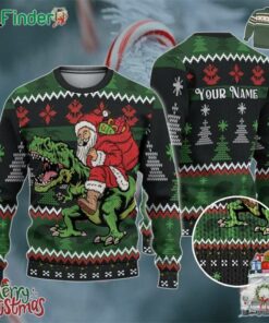 Custom Funny Christmas Holiday Santa Riding Dinosaur Ugly Sweater