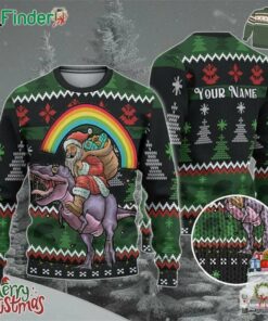 Custom Funny Christmas Holiday Rainbow Santa Dinosaur T Rex Ugly Sweater