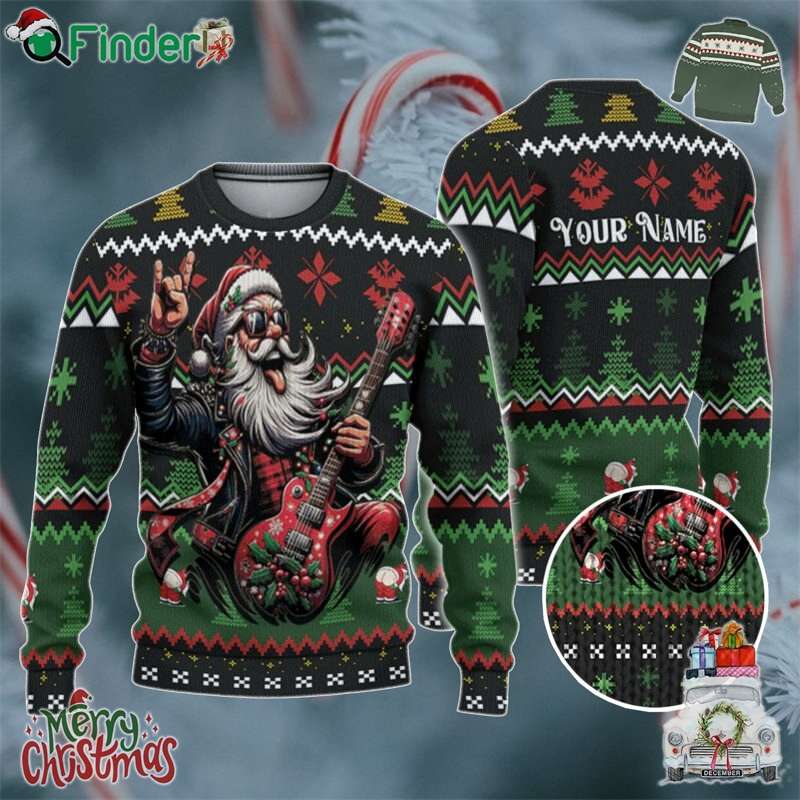 Custom Funny Christmas Holiday Rocker Guitar Santa Ugly Sweater Custom Funny Christmas Holiday Rocker Guitar Santa Ugly Sweater