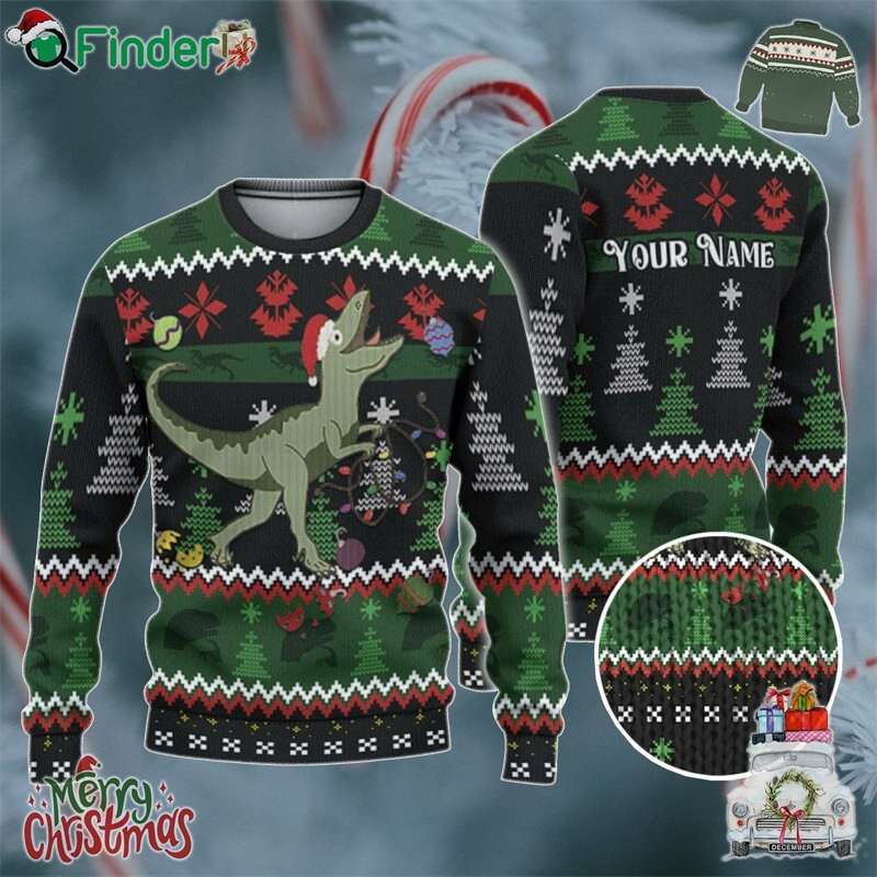 Custom Funny Christmas Holiday Silly Dinosaur Raptor Ugly Sweater Custom Funny Christmas Holiday Silly Dinosaur Raptor Ugly Sweater
