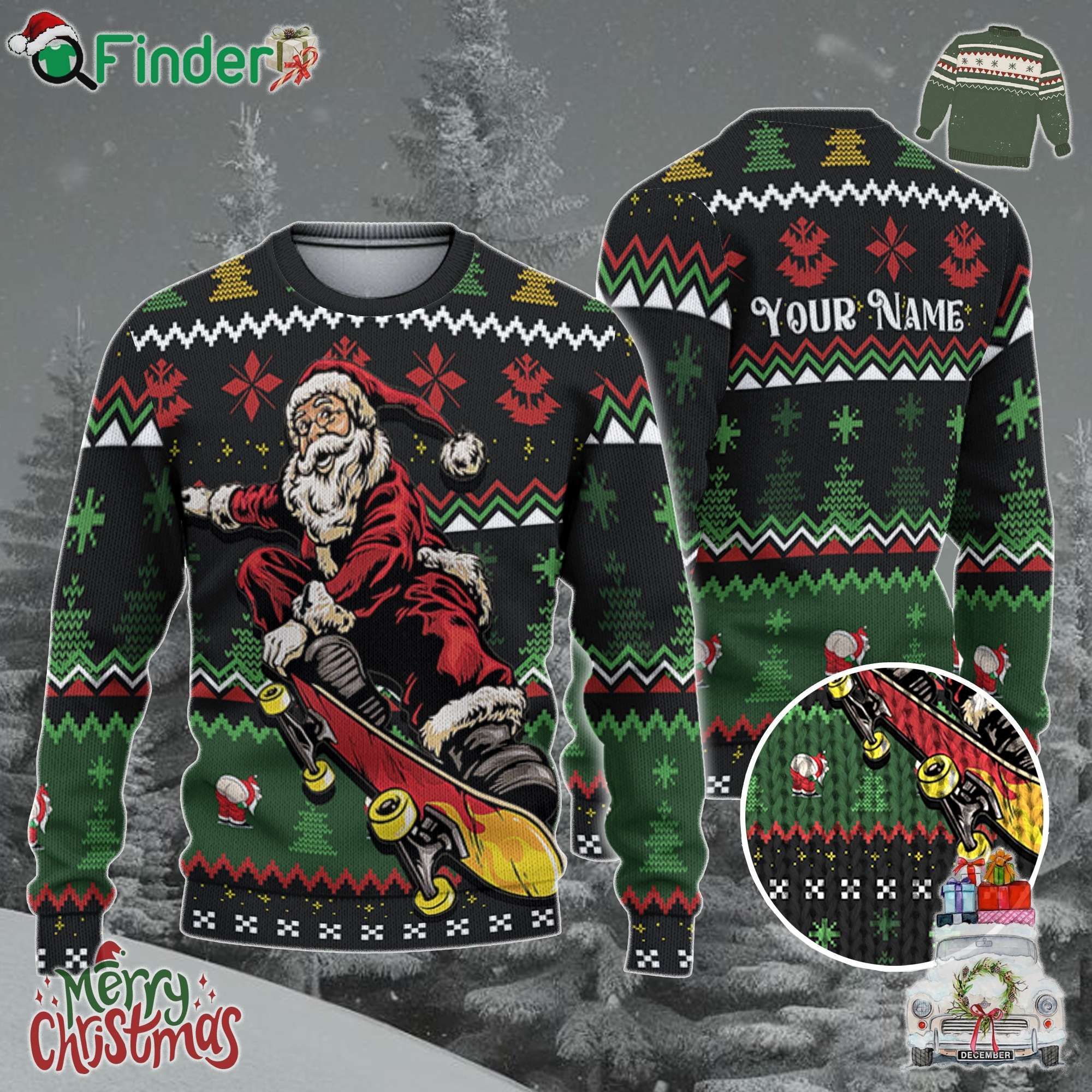 Custom Funny Christmas Holiday Cool Skateboard Santa Ugly Sweater Custom Funny Christmas Holiday Cool Skateboard Santa Ugly Sweater