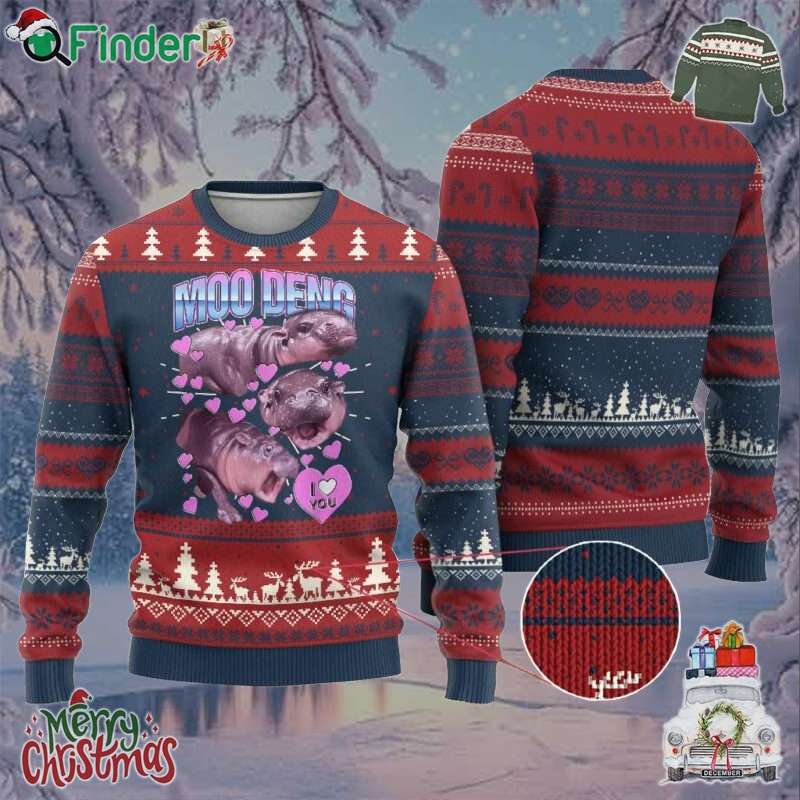 Baby Hippo Moo Deng Ugly Christmas Sweater I Love Moo deng I Heart You Cute Pygmy Hippopotamus Baby Hippo Moo Deng Ugly Christmas Sweater I Love Moo-deng I Heart You Cute Pygmy Hippopotamus