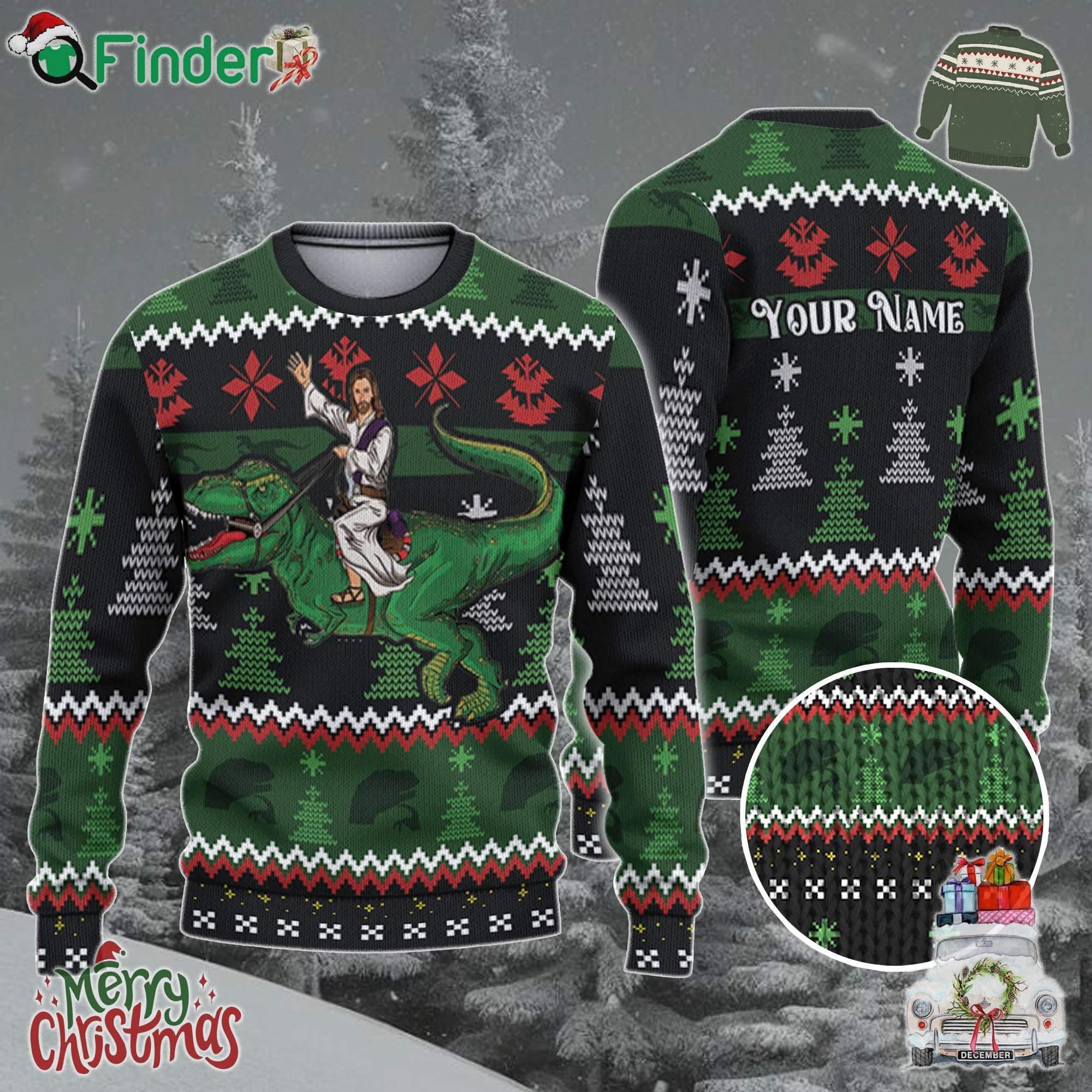 Custom Funny Christmas Holiday Jesus Riding Dinosaur Ugly Sweater Custom Funny Christmas Holiday Jesus Riding Dinosaur Ugly Sweater