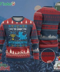 Funny Hanukkah Cat Ugly Christmas Sweater Light The Meownorah Jewish Menorah