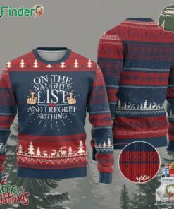 Funny Xmas Ugly Christmas Sweater On The List Of Naughty And I Regret Nothing Middle Finger