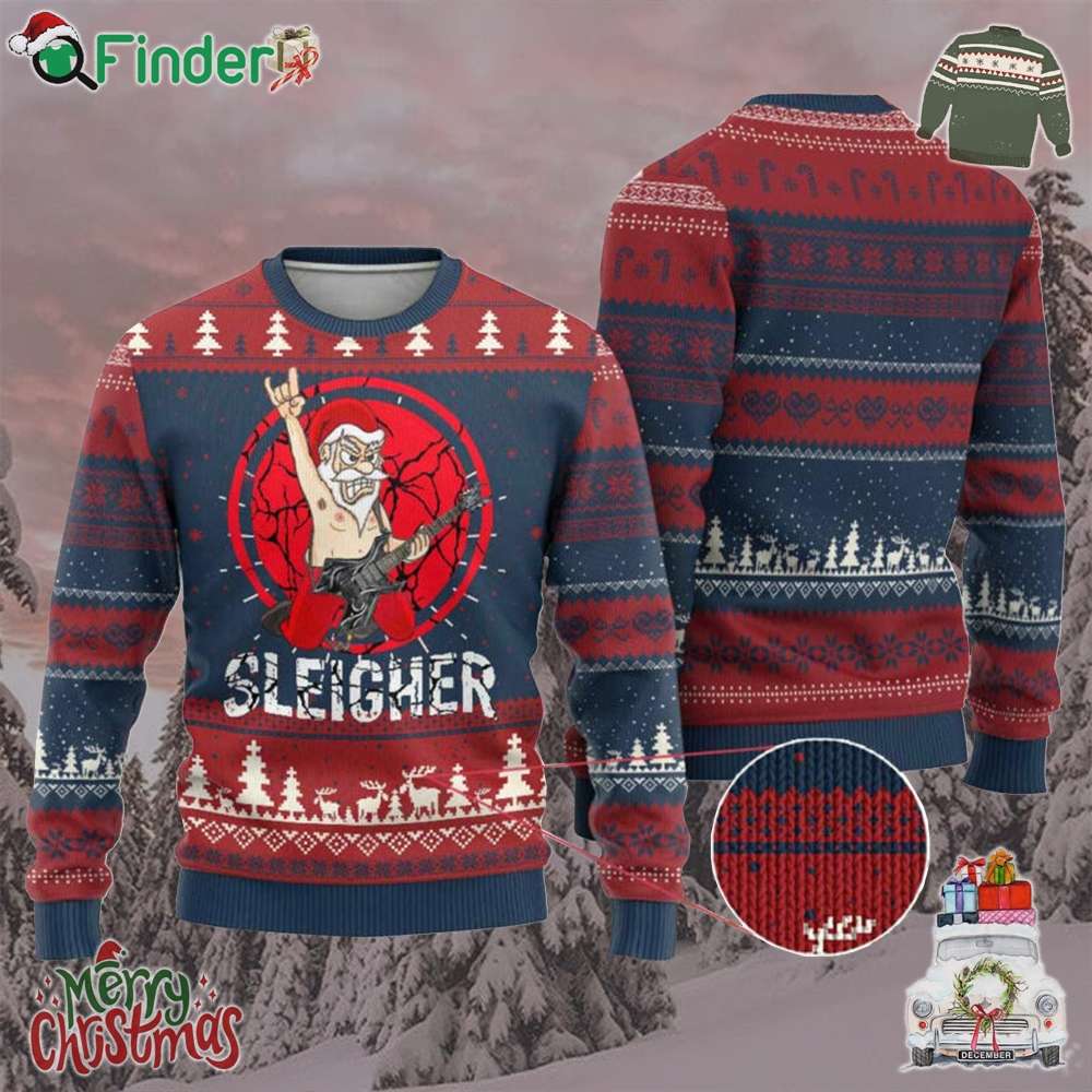 Heavy Mental Ugly Christmas Sweater Sleigher Santa Playing Guitar Heavy Mental Ugly Christmas Sweater Sleigher Santa Playing Guitar