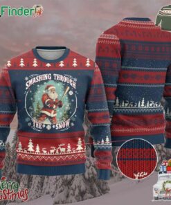 Xmas Sport Ugly Christmas Sweater Baseball Player Santa Smashing Through The Snow