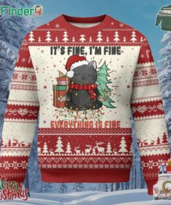 Christmas Black Cat Ugly Christmas Sweater Its Fine Im Fine Everything Is Fine Xmas Light Funny