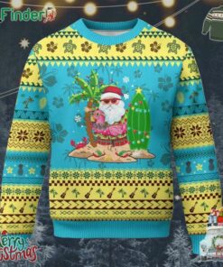 Xmas In Hawaii Ugly Christmas Sweater Flamingo Float Xmas Palm Tree Surfboard Cute Santa At Beach