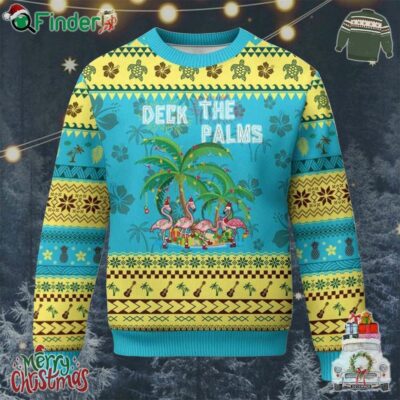 Xmas In Hawaii Ugly Christmas Sweater Deck The Palms Firework Flamingo