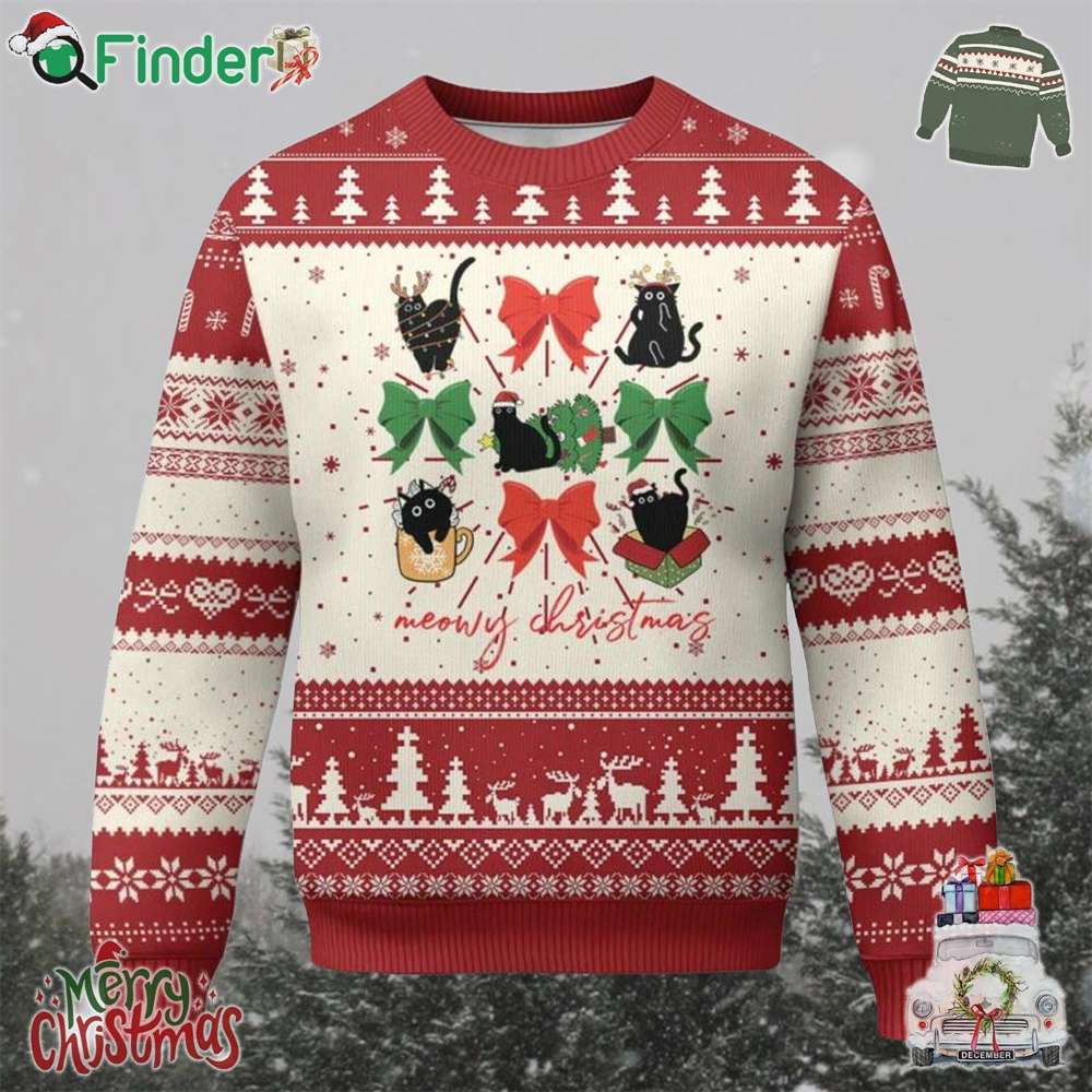 Funny Xmas Black Cat Ugly Christmas Sweater Meowy Christmas Cute Cats Coquette Bow Funny Xmas Black Cat Ugly Christmas Sweater Meowy Christmas Cute Cats Coquette Bow