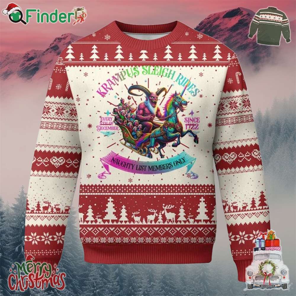 Funny Krampus Sleigh Rides Ugly Christmas Sweater Naughty List Members Only Since 1722 Funny Krampus Sleigh Rides Ugly Christmas Sweater Naughty List Members Only Since 1722