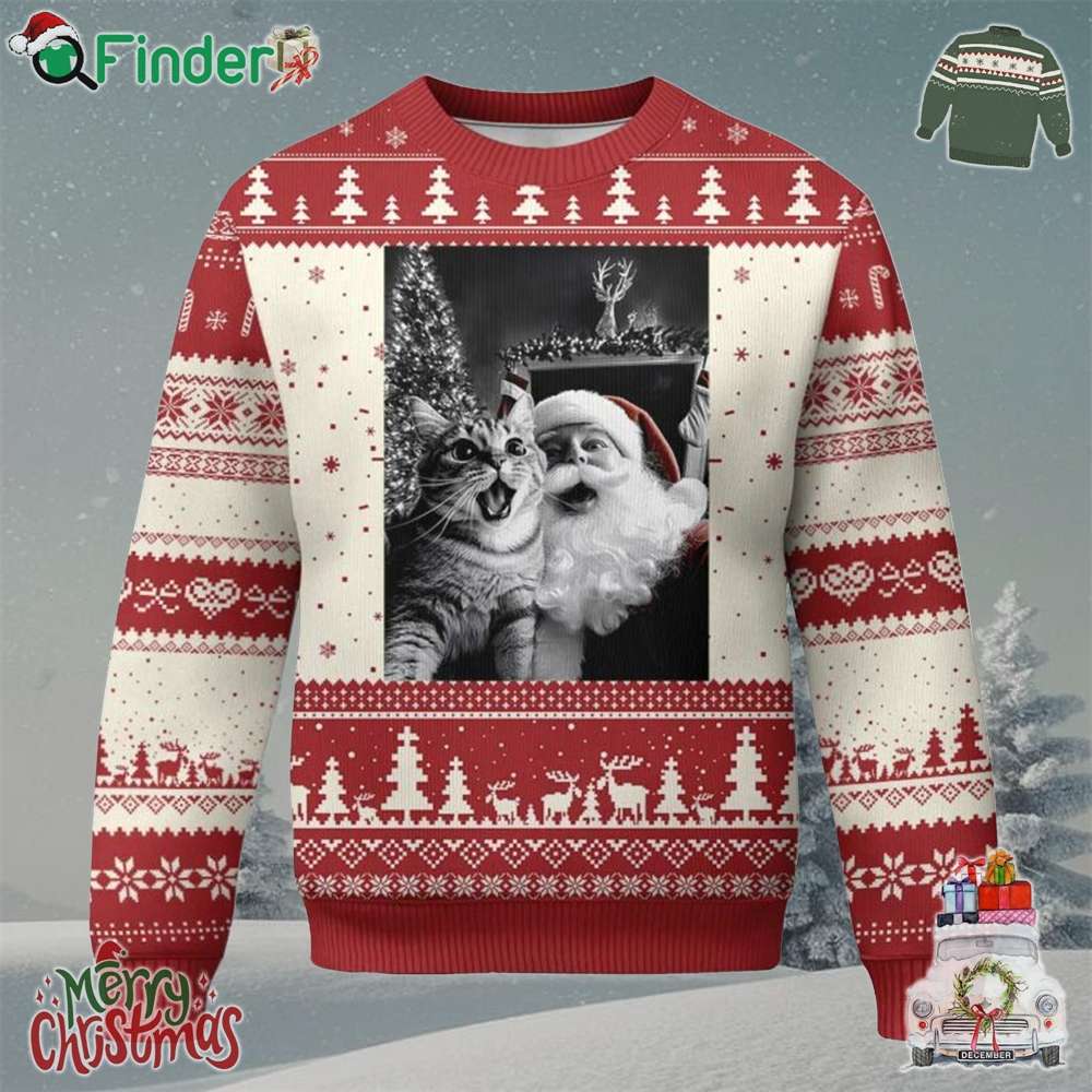 Funny Christmas Cat Selfie With Santa Ugly Christmas Sweater Funny Christmas Cat Selfie With Santa Ugly Christmas Sweater
