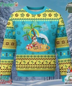 Xmas In Hawaii Ugly Christmas Sweater Palm Tree Firework Santa At Beach Drinking Coconut