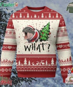 Funny Xmas Moo Deng Ugly Christmas Sweater What Baby Hippo Pushing Christmas Tree