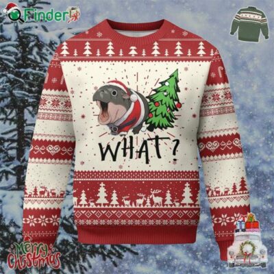 Funny Xmas Moo Deng Ugly Christmas Sweater What Baby Hippo Pushing Christmas Tree