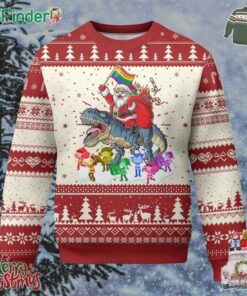 Funny Xmas Lgbt Ugly Christmas Sweater Rainbow Flag Santa Riding Dinosaur