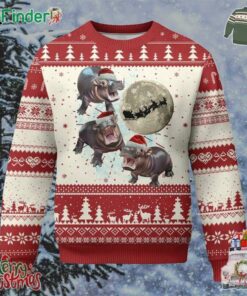 Funny Xmas Moo Deng Ugly Christmas Sweater Baby Hippo Santa Sleigh Galaxy Outer Space