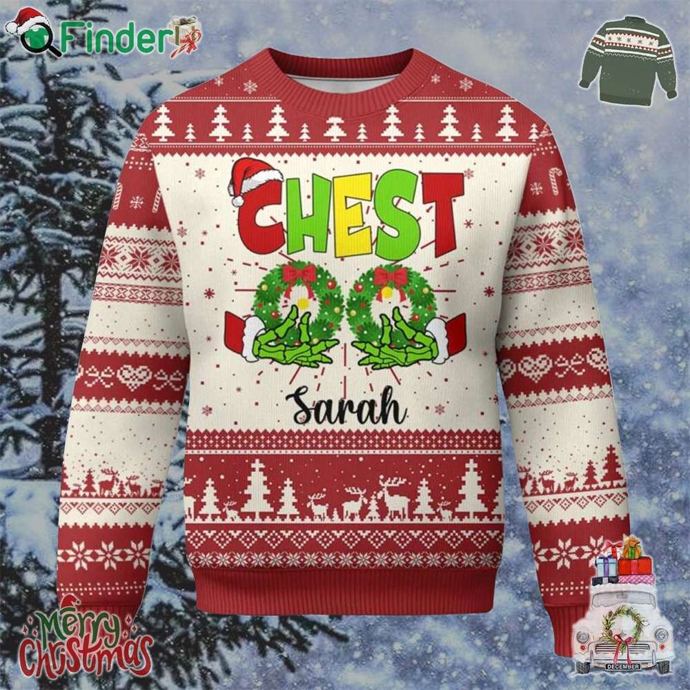 Personalized Matching Couple Ugly Christmas Sweater Custom Name Chestnuts Xmas Funny Chest Personalized Matching Couple Ugly Christmas Sweater Custom Name Chestnuts Xmas Funny Chest