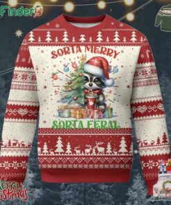 Funny Xmas Raccoon Ugly Christmas Sweater Sorta Merry Sorta Feral Merry Trashmas
