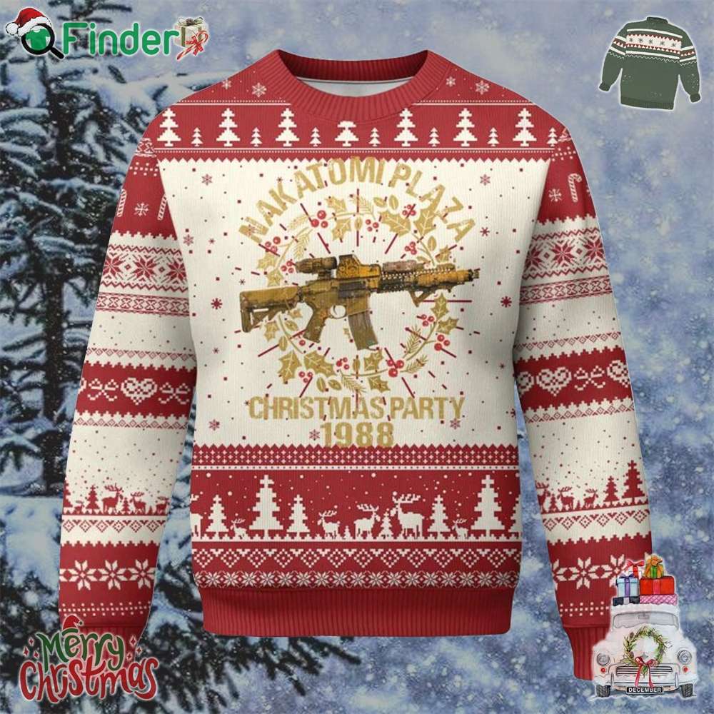 Nakatomi Plaza Christmas Party Ugly Christmas Sweater American Patriotic Gold Holly Wreath Machine Gun Nakatomi Plaza Christmas Party Ugly Christmas Sweater American Patriotic Gold Holly Wreath Machine Gun