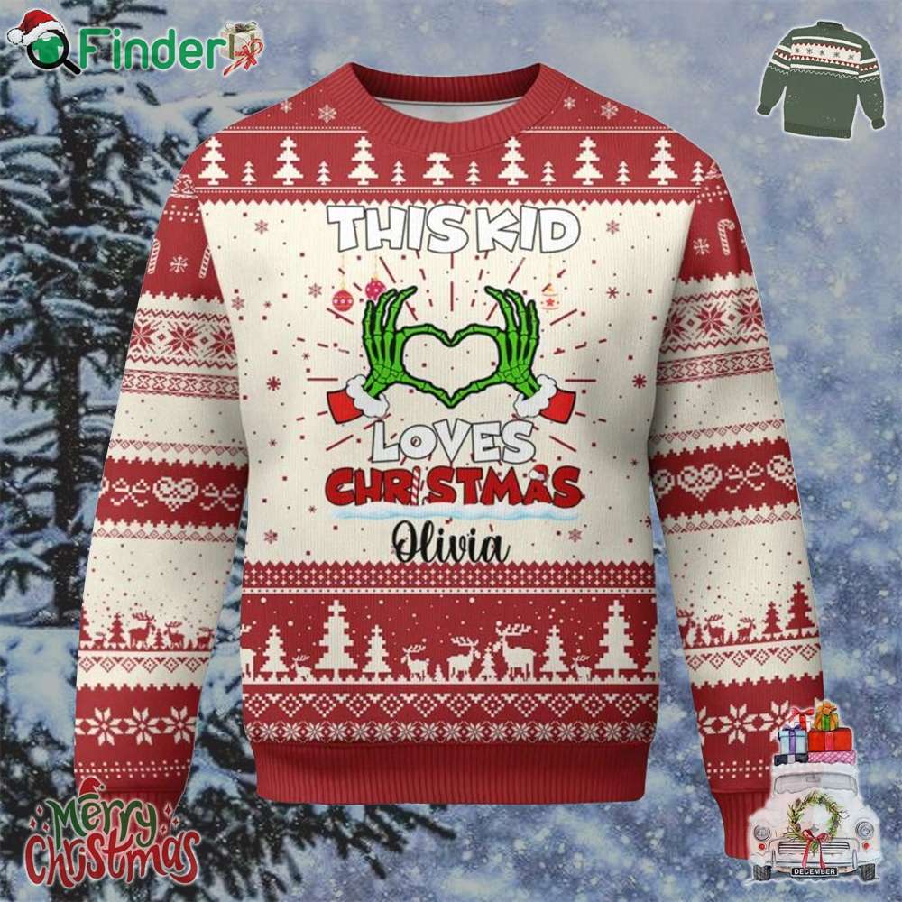 Personalized Funny Xmas Lover Ugly Christmas Sweater Custom Kids Name Skeleton Hand Heart Personalized Funny Xmas Lover Ugly Christmas Sweater Custom Kids Name Skeleton Hand Heart