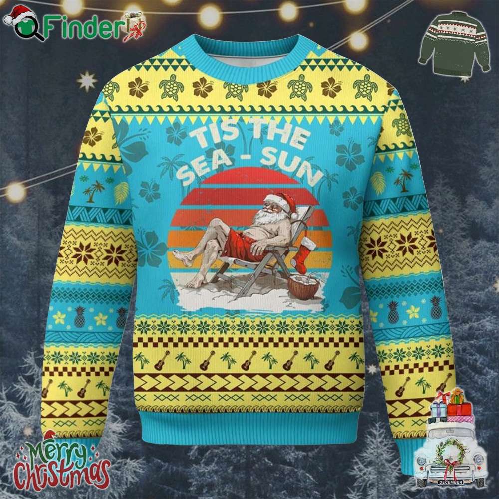 Tropical Xmas Ugly Christmas Sweater Tis The Sea Sun Santa At The Beach Tropical Xmas Ugly Christmas Sweater Tis The Sea Sun Santa At The Beach