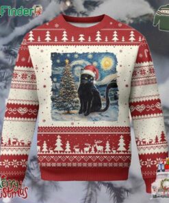 Xmas Black Cat Ugly Christmas Sweater Meowy Catmas Starry Night Santa Cat