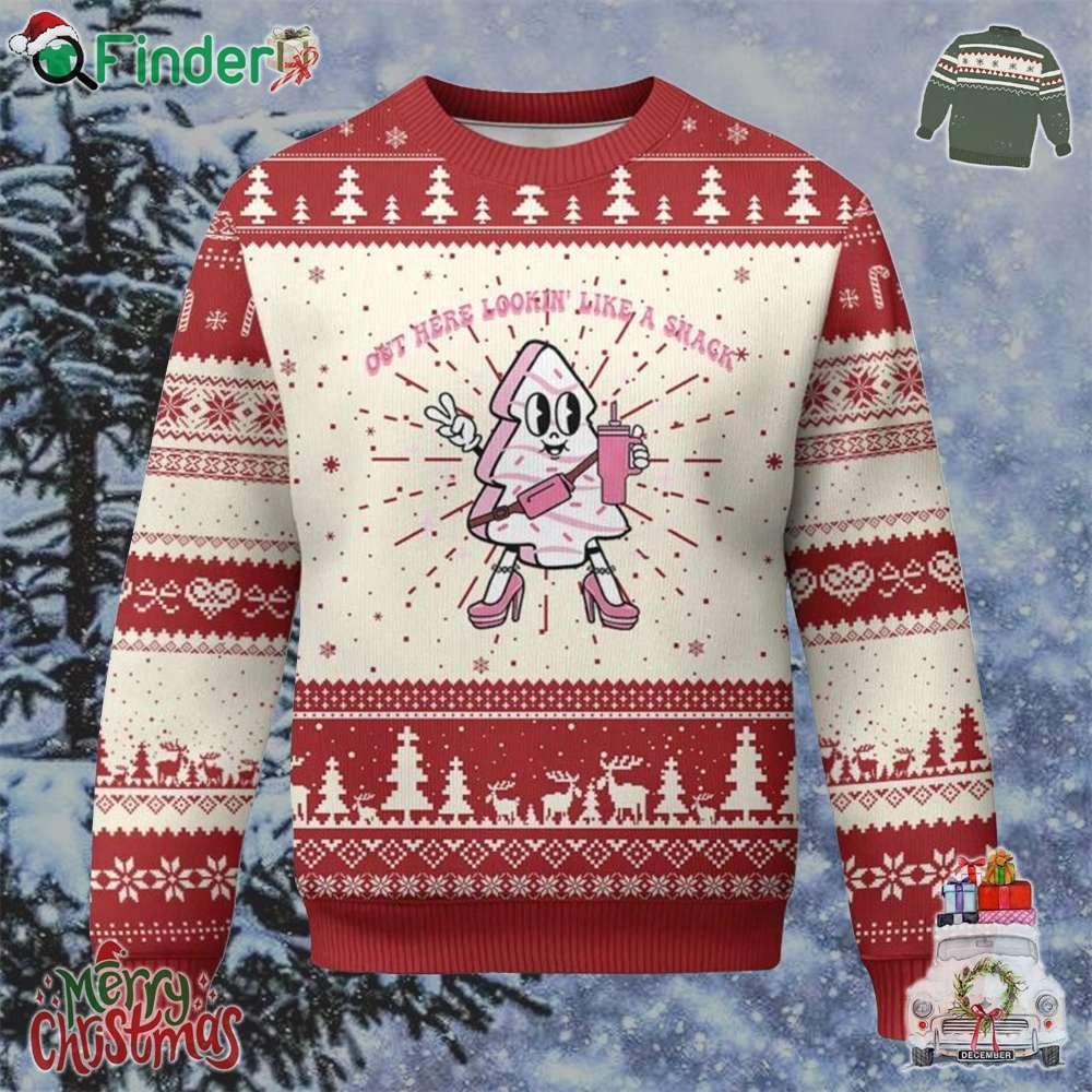 Pink Christmas Tree Cake Ugly Christmas Sweater Out Here Lookin Like A Snack Boujee Xmas Pink Christmas Tree Cake Ugly Christmas Sweater Out Here Lookin Like A Snack Boujee Xmas