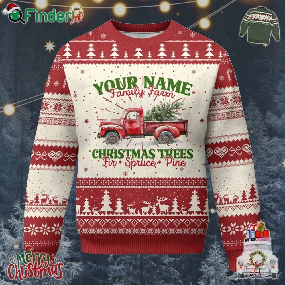 Xmas Family Ugly Christmas Sweater Custom Name Family Farm Xmas Trees Vintage Truck Xmas Family Ugly Christmas Sweater Custom Name Family Farm Xmas Trees Vintage Truck