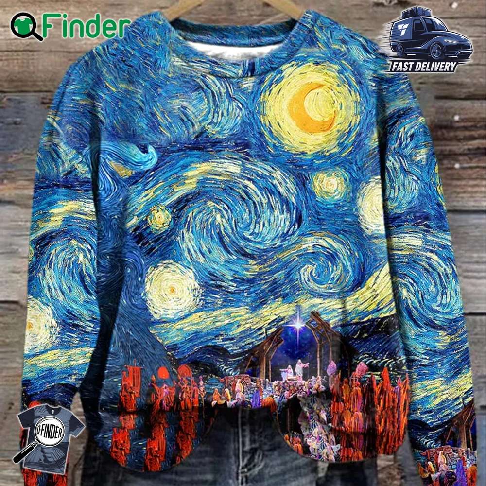 Retro Starry Night Christmas Tree Nativity Of Jesus Print Sweatshirt Retro Starry Night Christmas Tree Nativity Of Jesus Print Sweatshirt