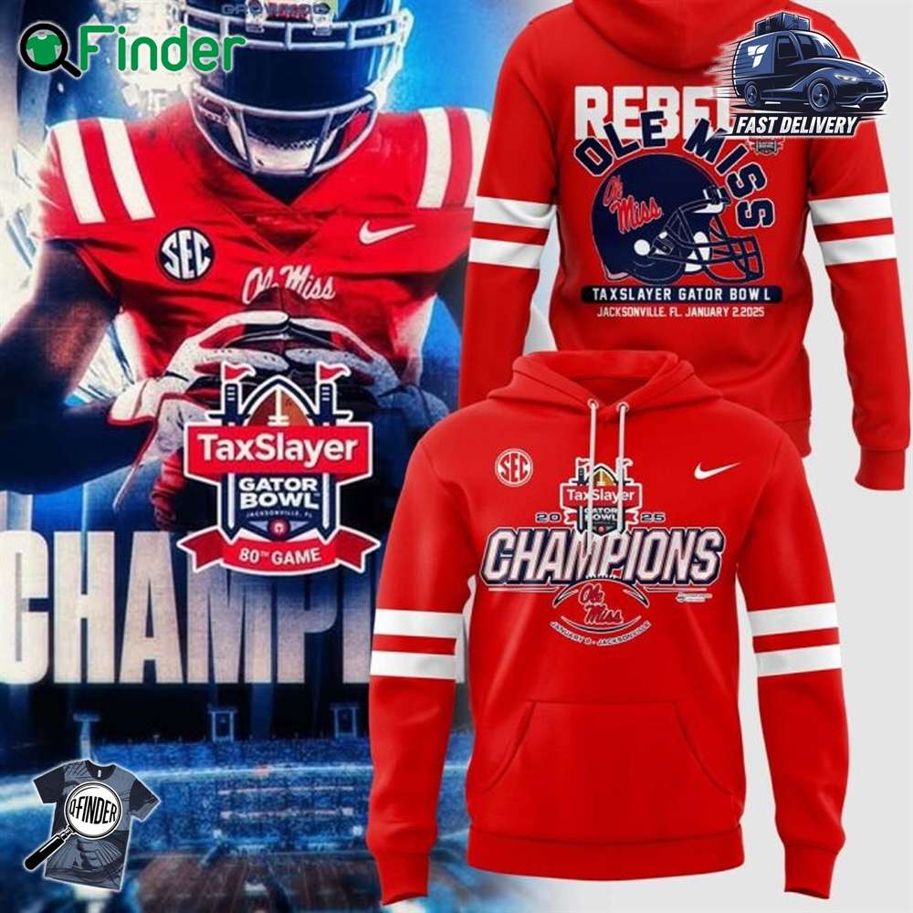 Ole Miss Rebels Ncaa Taxslayer Gator Bowl Champions 2025 Red Hoodie Ole Miss Rebels Ncaa Taxslayer Gator Bowl Champions 2025 Red Hoodie