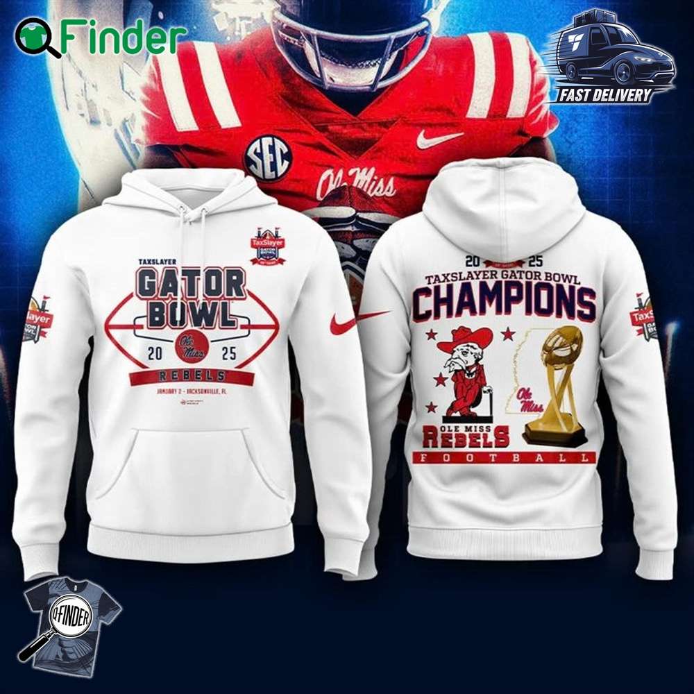 Ole Miss Rebels Ncaa Taxslayer Gator Bowl Champions 2025 White Hoodie Ole Miss Rebels Ncaa Taxslayer Gator Bowl Champions 2025 White Hoodie