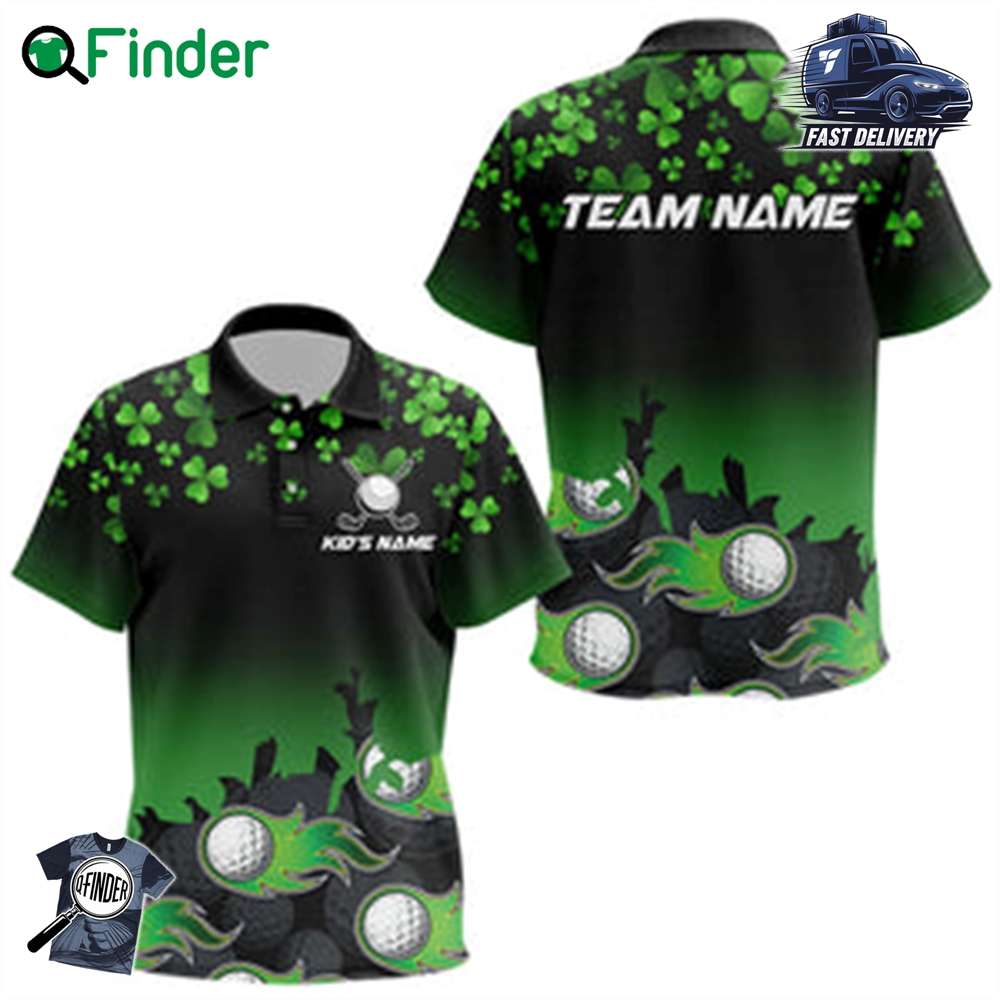 Green Shamrock Flame Golf Ball Kid Golf Polo Shirts Customize St Patrick Day Team Golf Shirts For Kid Green Shamrock Flame Golf Ball Kid Golf Polo Shirts Customize St Patrick Day Team Golf Shirts For Kid