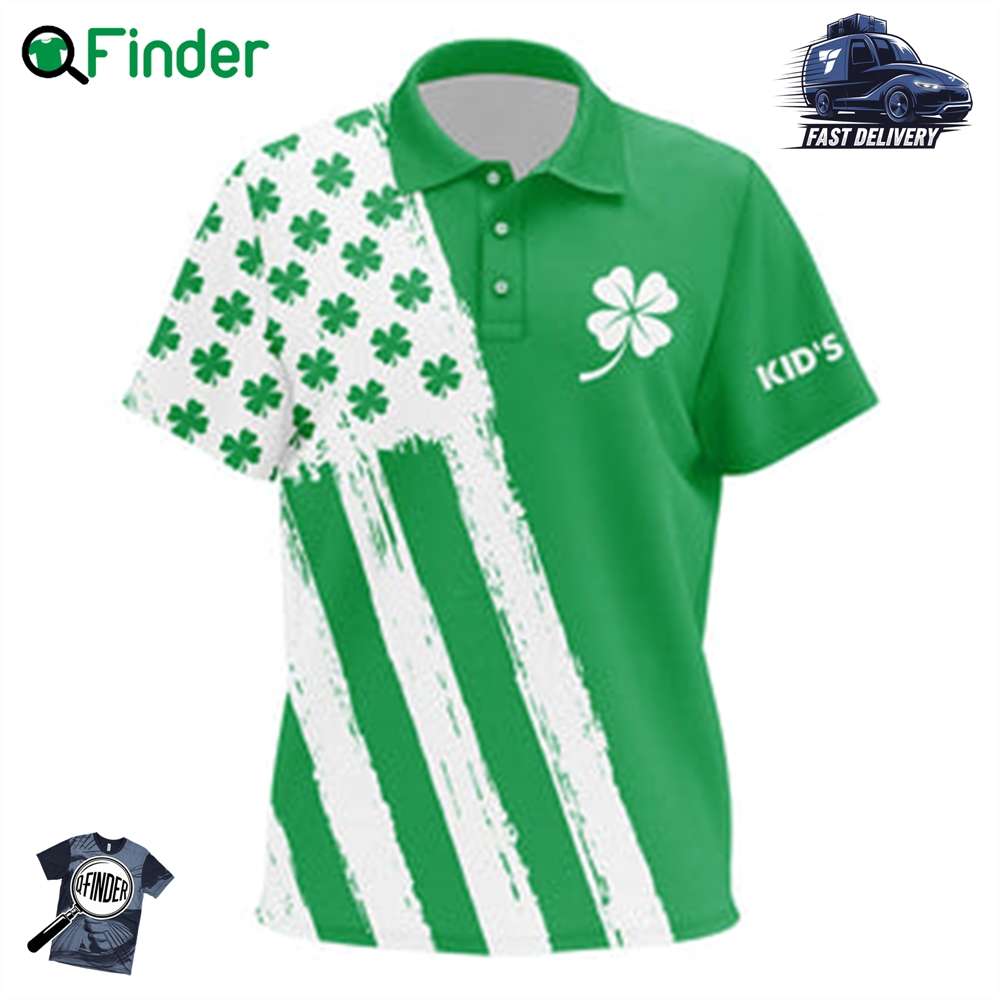 Kid Golf Polo Shirts Custom Green Clover American Flag St Patrick Day Golf Shirts Golfing Gifts Kid Golf Polo Shirts Custom Green Clover American Flag St Patrick Day Golf Shirts Golfing Gifts