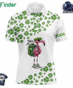 Funny Flamingo Green Clover Pattern White Golf Polo Shirt For Men Custom St Patrick Day Golf Apparel