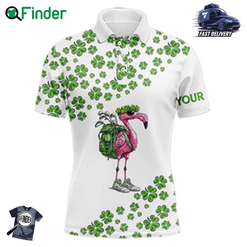 Funny Flamingo Green Clover Pattern White Golf Polo Shirt For Men Custom St Patrick Day Golf Apparel Funny Flamingo Green Clover Pattern White Golf Polo Shirt For Men Custom St Patrick Day Golf Apparel
