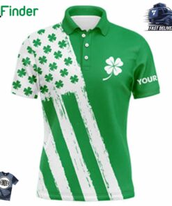 Mens Golf Polo Shirt Custom Name Green Clover American Flag St Patrick Day Golf Shirts Golfing Gifts