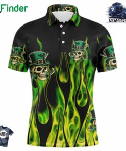 Mens Golf Polo Shirts Green Clover Skull St Patrick's Day Golf Shirts Custom Green Fire Golf Apparel