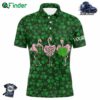 Funny Mens Golf Polo Shirt Green Clover St Patrick Day Background Custom Name Flamingo Golf Friends